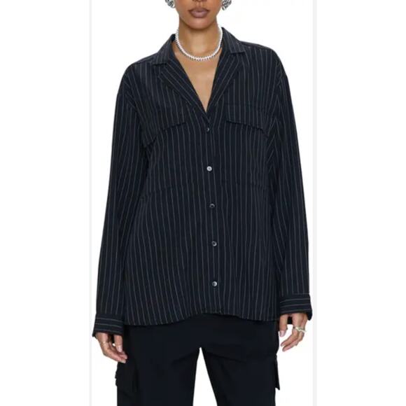 Pistola Shirt Womens Large Black Irene Stripe Minimalist Indie Sleak Relaxed Fit - Picture 1 of 6